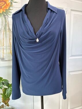 White House Black Market Navy Drape Collar Long-Sleeve Top with Pendant
